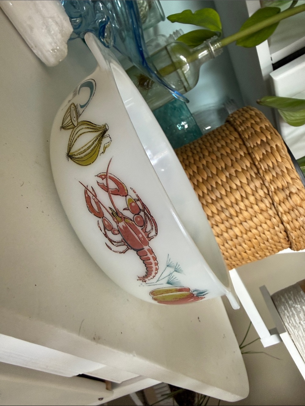 VTG white milk glass casserole dish featuring rare "Lobster" pattern JAJ Pyrex